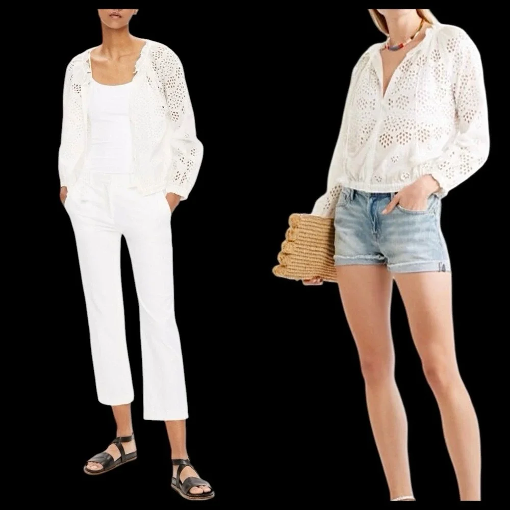 Theory Maryana Vintage Eyelet Blouse Jacket Small‎ White Boho Tassels Airy L/S